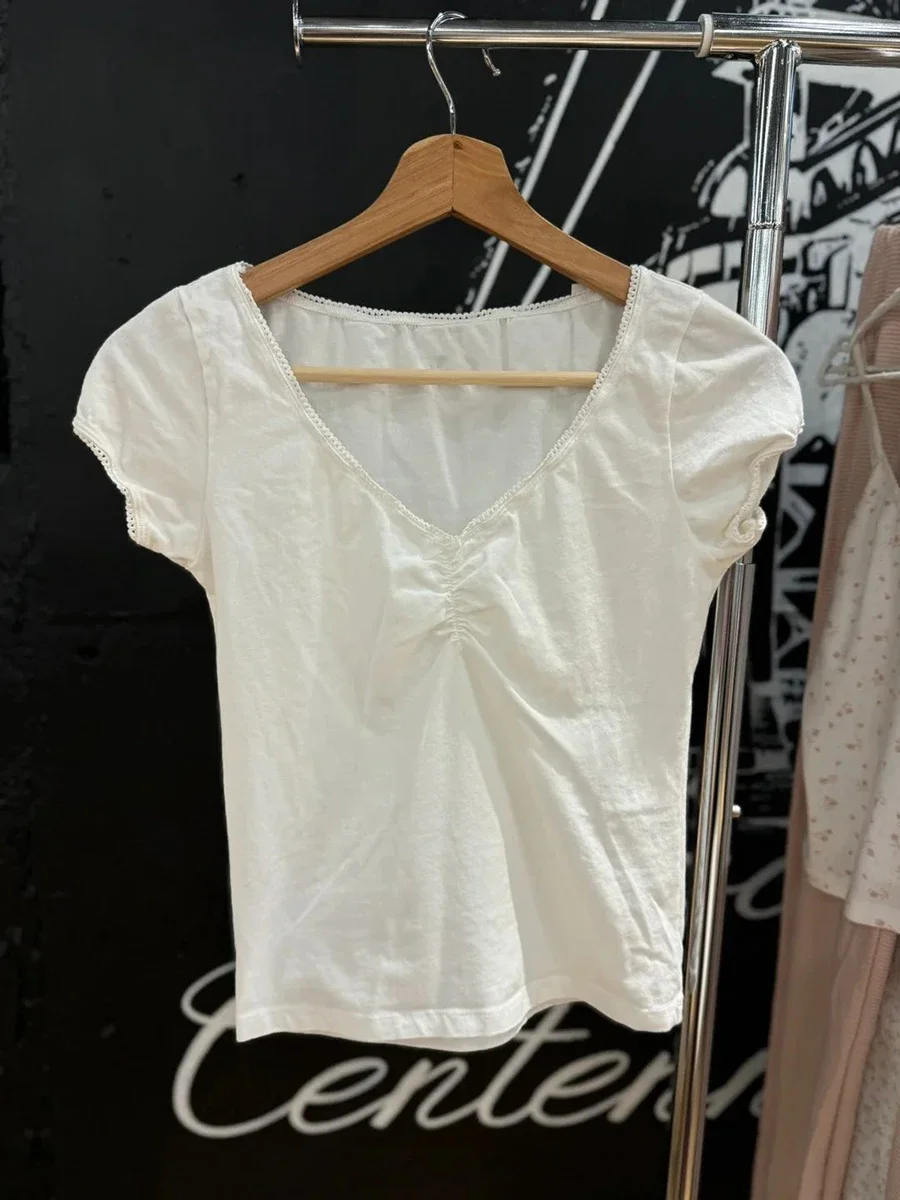 Woman Lace Trim Slim T-shirt 2024 Summer Bow V-neck Short Sleeve Cotton Tee Shirt Female Simple Casual Sweet Tshirt Y2k Tops