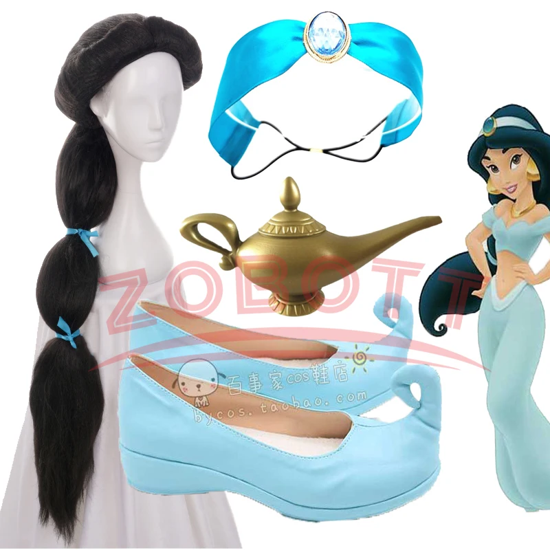 Zapatos de Cosplay de princesa Aladdín, lámpara mágica, zapatos de princesa Jasmine, disfraz de juego de rol, peluca de Halloween, azul indio