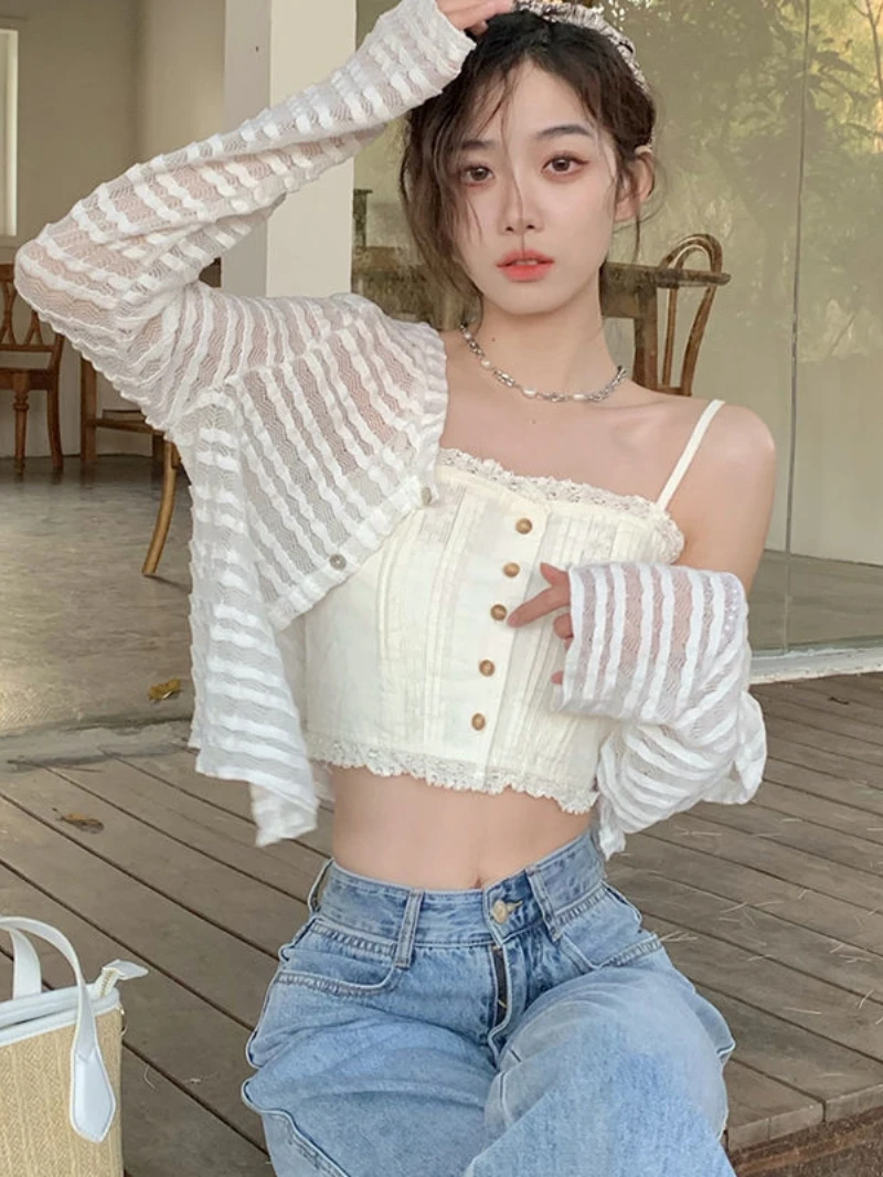 

Summer Thin Knitted Cardigan Women Fashion Y2k Long Sleeve Crop Tops Loose Sunscreen Sweater Jacket Female