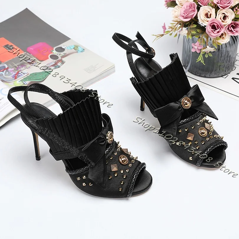 

Black Bow Knot Rivet Decor Sandals Ankle Buckle Thin High Heels Lace Trim Sandals Retro Style Dress Women Shoes Zapatillas Mujer