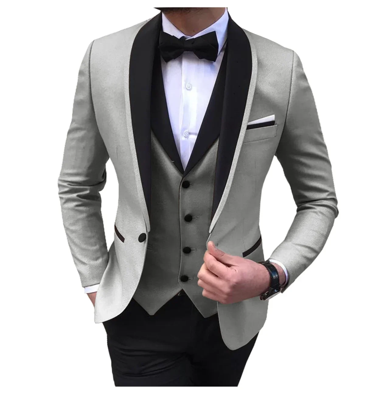 

Elegant Slit Mens Suits 3 Piece Black Shawl Lapel Casual Tuxedos for Wedding Groomsmen Suits Men (Blazer+Vest+Pant)