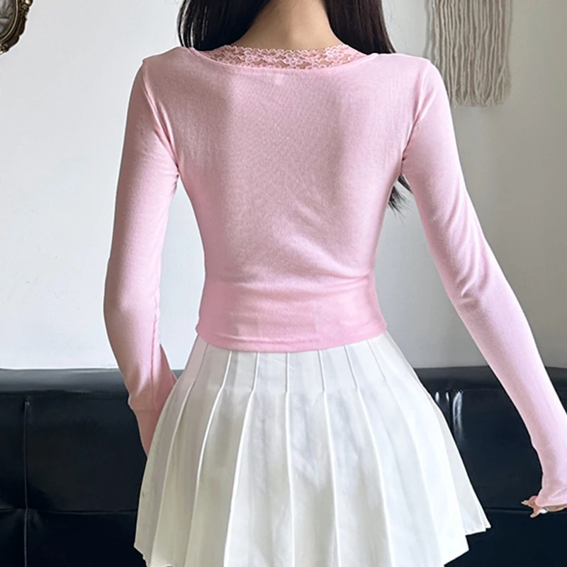 CIBBAR Kawaii Solid Pink Knit Crop Top y2k Coquette Lace Stitching Square Collar Full Sleeve Skinny T-shirt Women Casual T Shirt