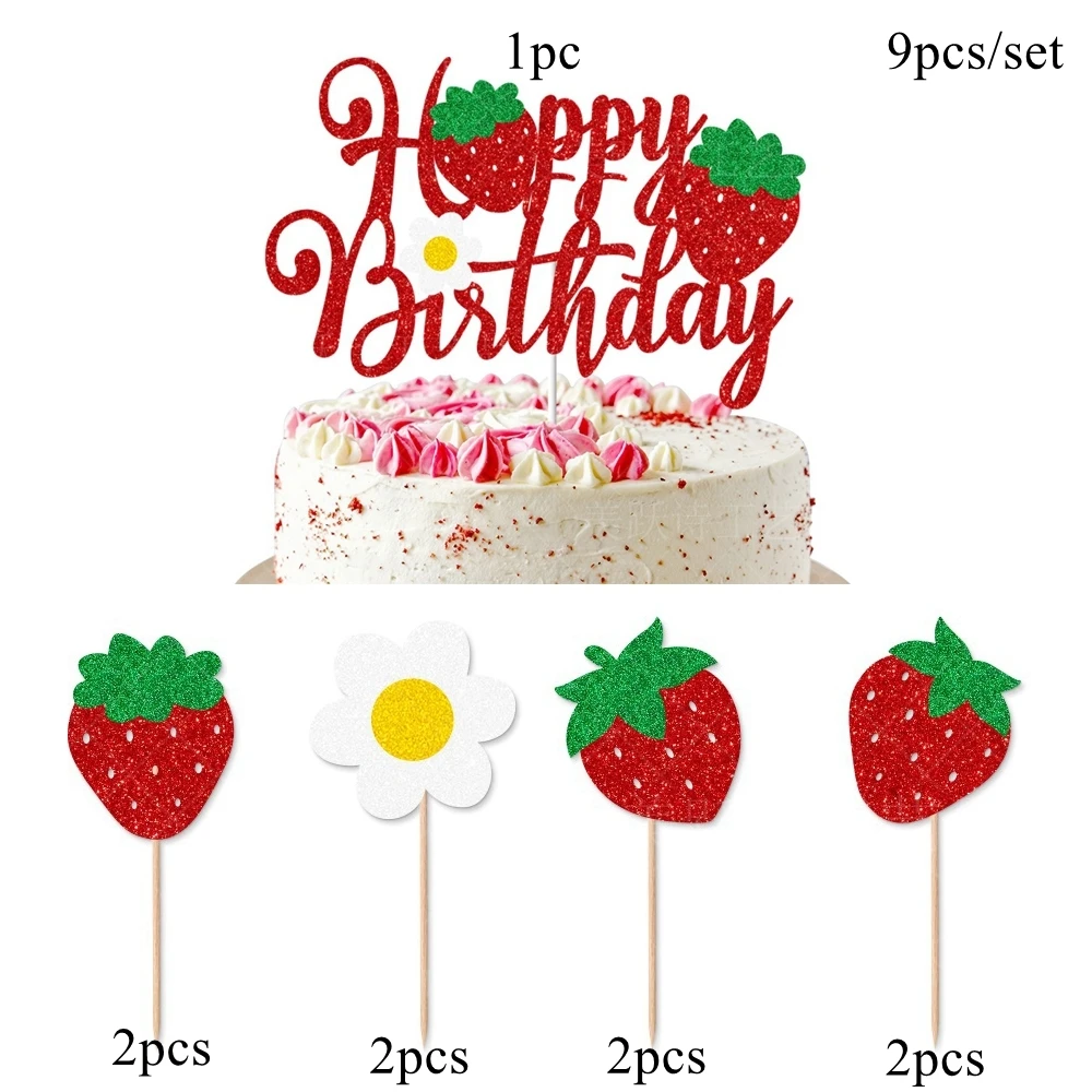 1set Bling Strawberry Cupcake Toppers Sweet One Topper for Summer Strawberry Fruits Themed Happy Birthday Party Cake Decoration