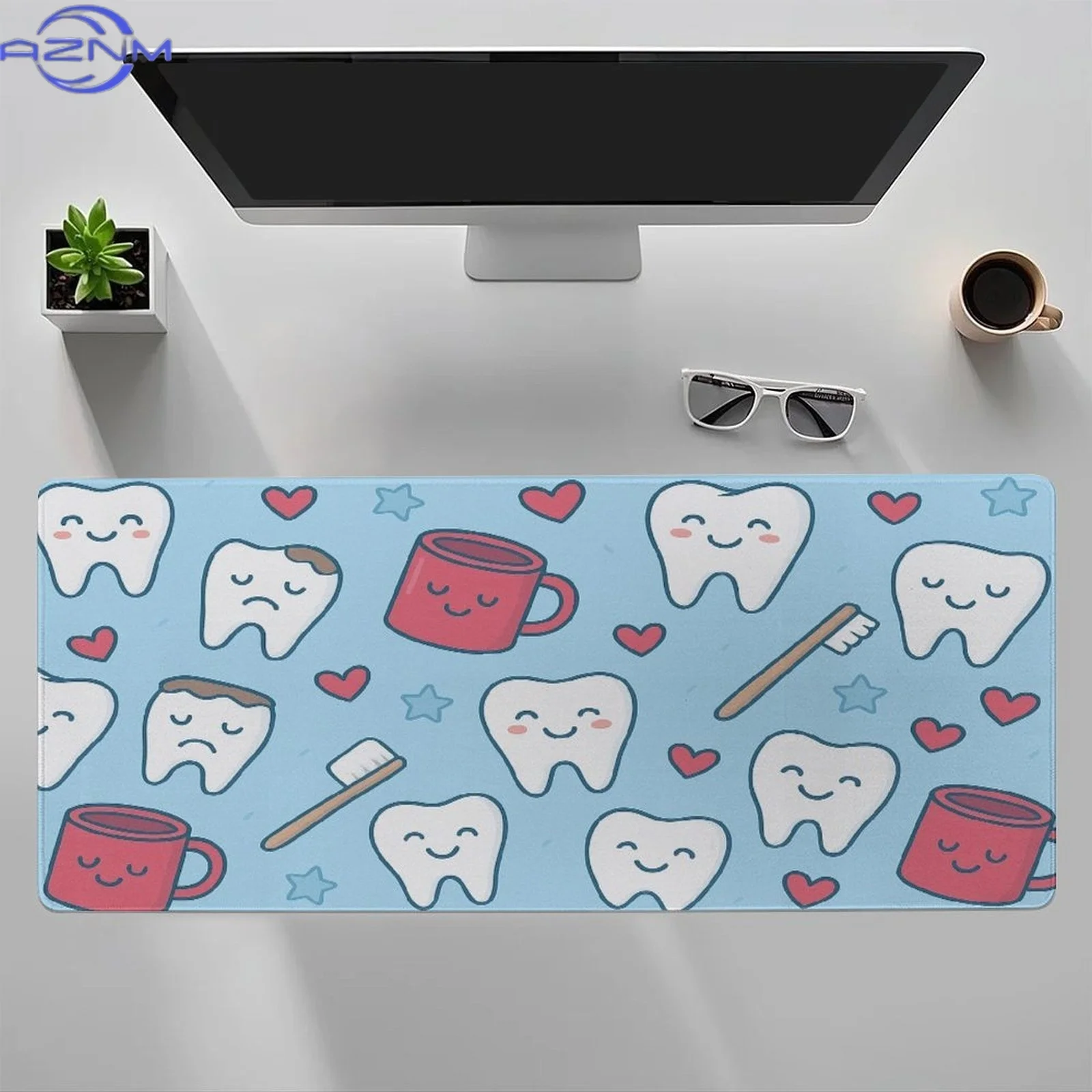 Oversized Non-Skid Mouse Mat - Extra Broad Desk Cover Featuring Adorable Teeth, Hearts & Cups Design, Non-Slip Base for Gaming,