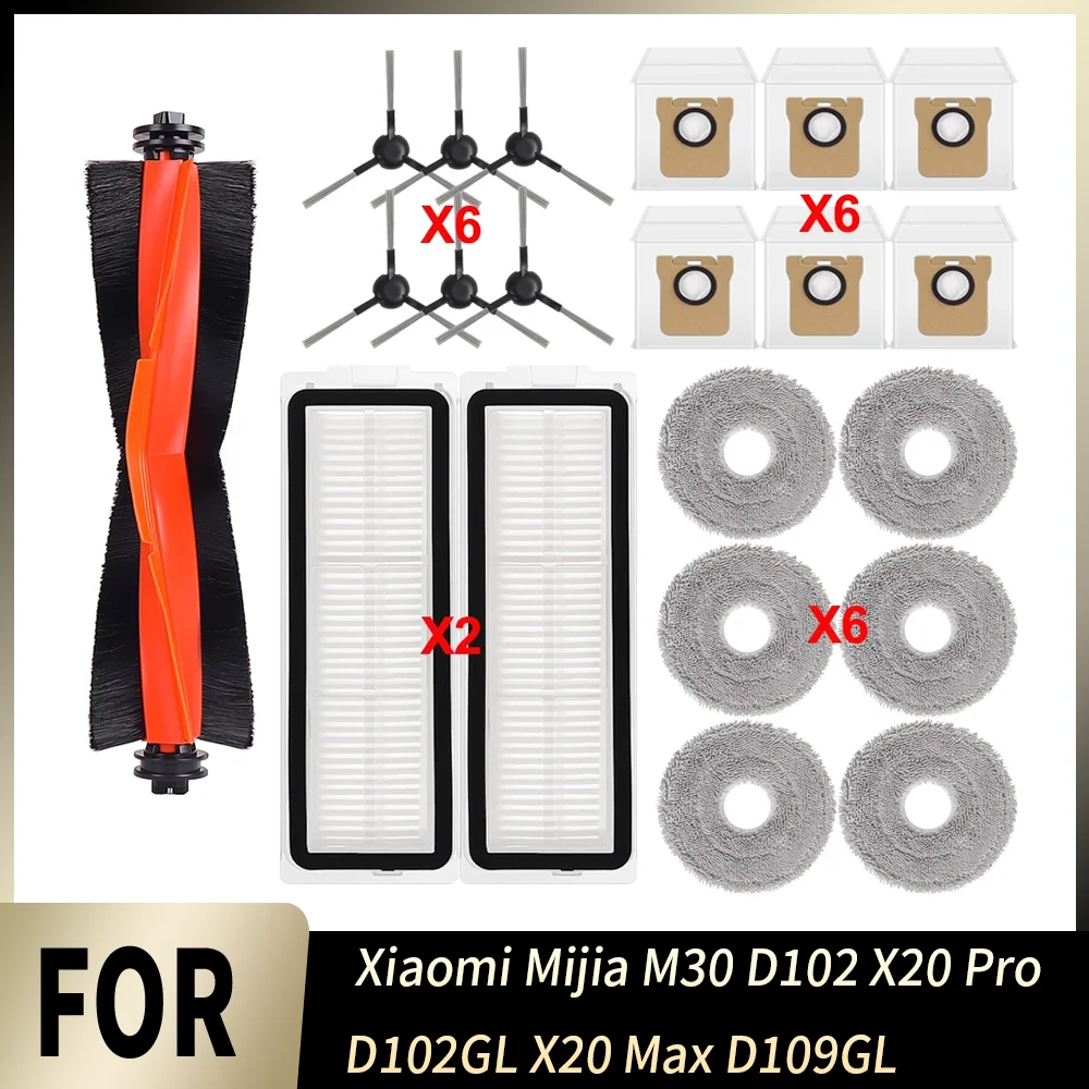 Ersatzteil-Set für Xiaomi Mijia M30 D102 X20 Pro D102GL X20 Max D109GL Roboter-Staubsauger, Wischtuch, Staubbeutel, Bürste, HEPA-Filter, Ersatzteile