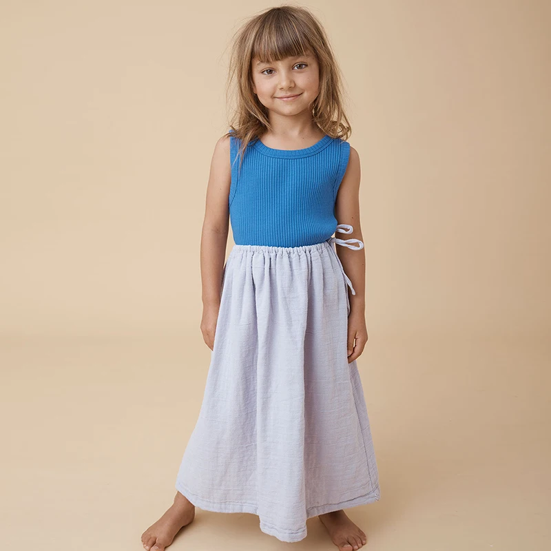 

100% Organic Cotton Soft Muslin Girls Skirt 2024 Summer New Elasticated Waistband With Mock Tie Casual Loose Long Skirts