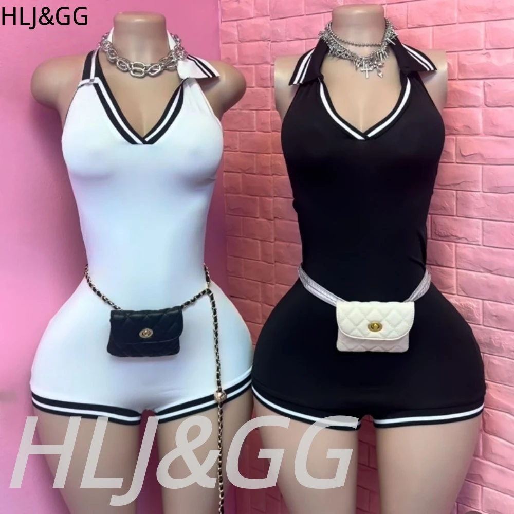 

HLJ & G/Новый летний комбинезон в полоску с лямкой на шее и лацканами, женские облегающие комбинезоны без рукавов и открытой спины, сексуальные эластичные комбинезоны 2025