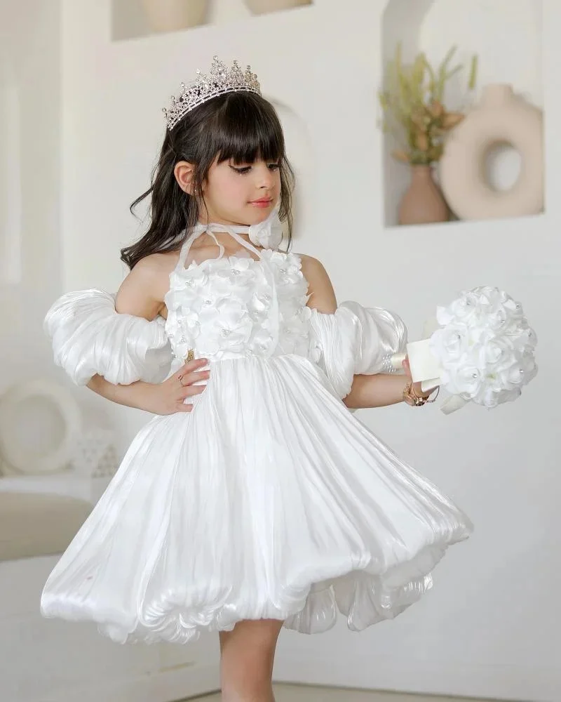 

Элегантные платья с цветочным узором для девочек по индивидуальному заказу на свадьбу, атласные цветочные аппликации, жемчуг, пышное роскошное детское платье для торжественных случаев на день рождения
