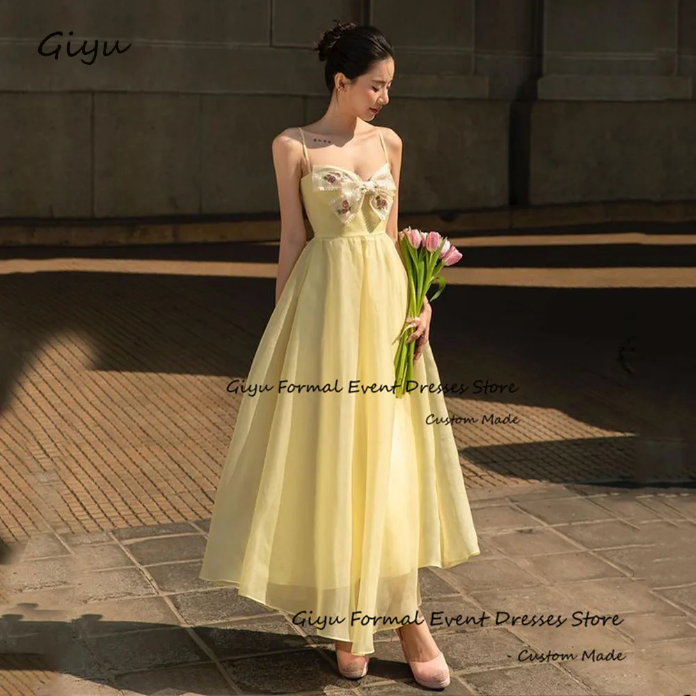 

Giyu Fairy Bow Evening Gown Dress Yellow Handmade Flowers Draped Wedding Dress Photo Shoot Spaghetti Strap Birthday Party Dress