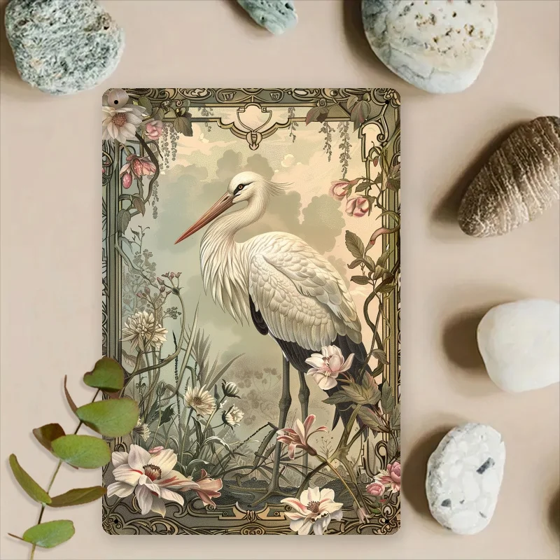 2D Flat, Vintage Nature Theme Metal Wall Art Sign 8x12 Inches - Elegant White Heron with Lush Greenery and Blooming Flowers, Iro