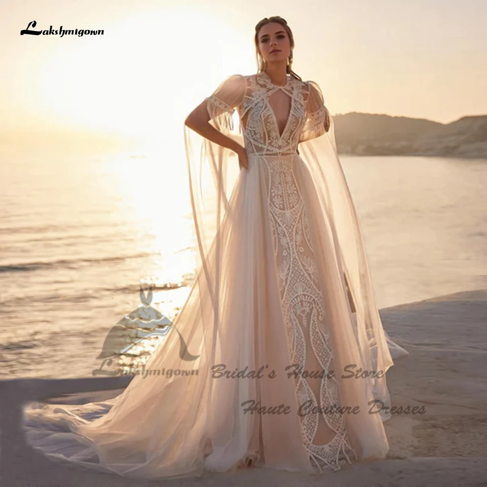 Lakshmigown Luxuriöse Spitzen-Boho-Hochzeitskleider 2026 Vestidos Civil Flare Langarm Strand-Brautkleider mit tiefem V-Ausschnitt, maßgeschneidert – Detail 8
