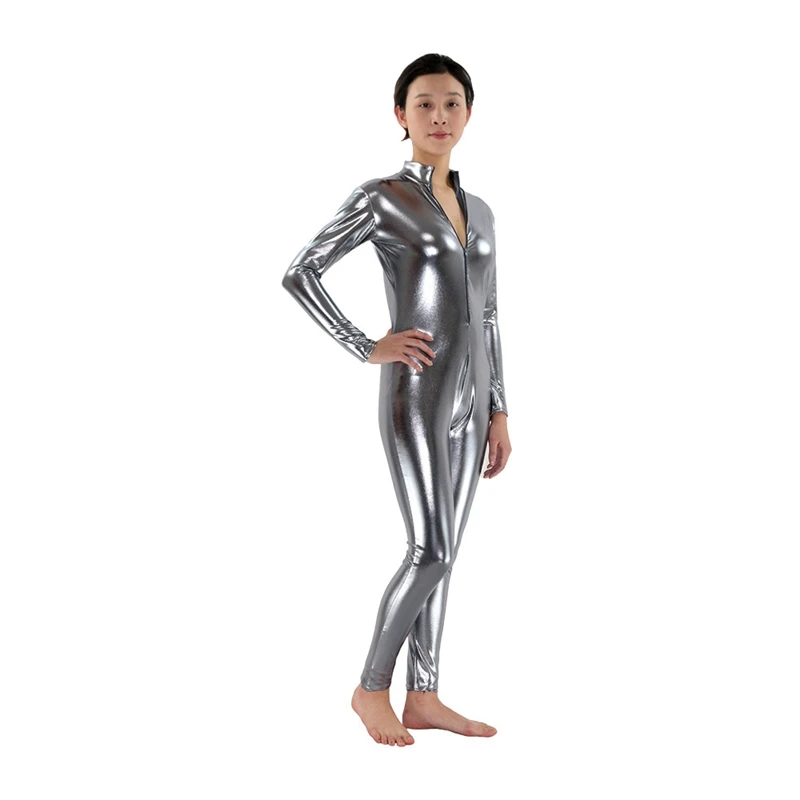 Terno metálico brilhante do Spandex Zentai para mulheres, Catsuit unisex, bodysuit com zíper frontal, segunda pele, carnaval do Dia das Bruxas, látex