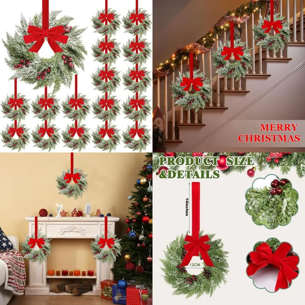 

Миниатюрные 15-дюймовые рождественские венки Real Touch с красной ягодой и бантом, идеально подходят для кухонных шкафов и небольших помещений.