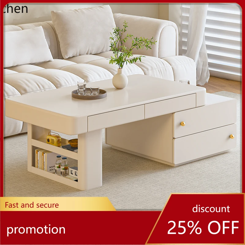 

HXL Cream Style Solid Wood Coffee Table Bookshelf Simple Extendable Storage Tea Table