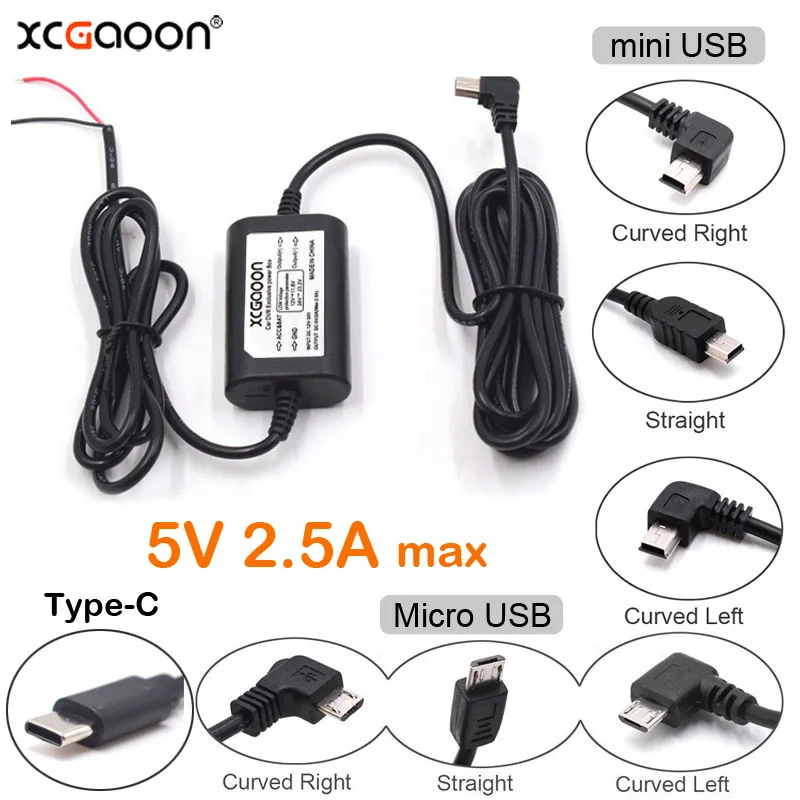 Car Dashcam Camera DVR Charging Power Cable 12-24V to 5V 2.5A With Low Voltage Protection Mini Micro Type-C USB Cable 3.1meters