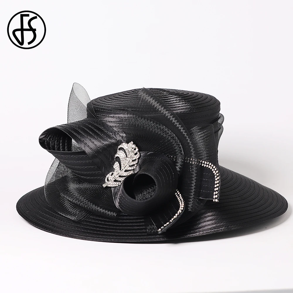 FS Luxury Wedding Bridal Party Hats For Women With Bow Bowler Hat Elegant Fashion Wide Brim Flat Top Sun Visor Cap Female 2024