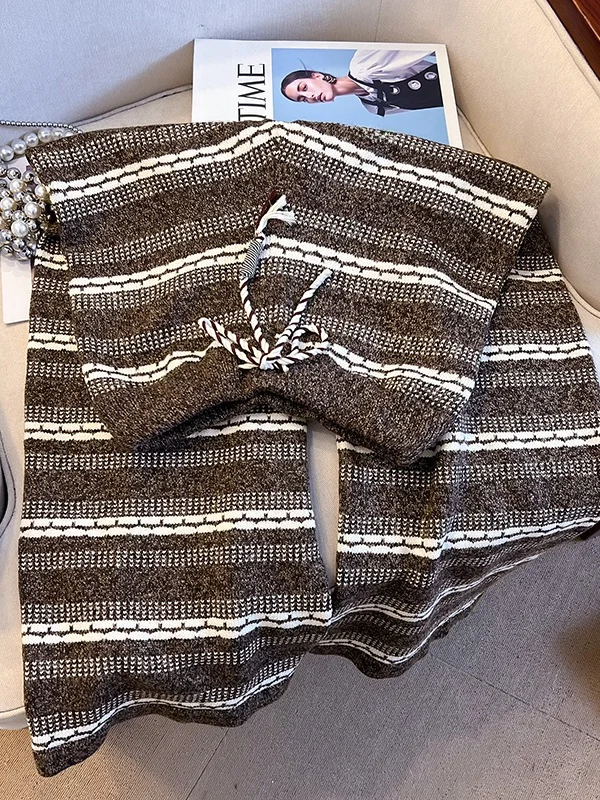 

Retro Color Blo Striped Wide Leg Pants Women's Knitted Trousers with Dstring High Waist Autumn Winter Outerwear