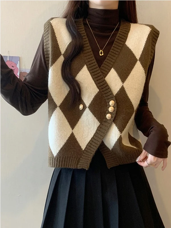 Geruit gebreid vest voor dames 2025 - Oversized mouwloos vest voor trendy herfst-winterlaag