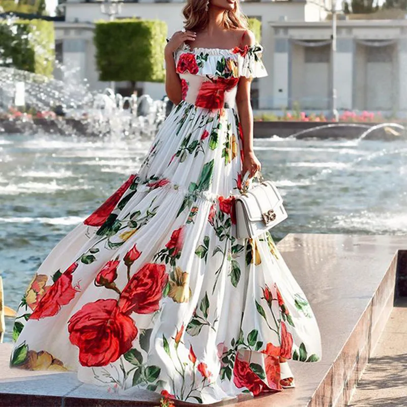 

SKMY Summer New Slash Neck Long Dresses Fashion Off The Shoulder Ruffles Printed Floral Dress Vacation Outfits For Women 2024