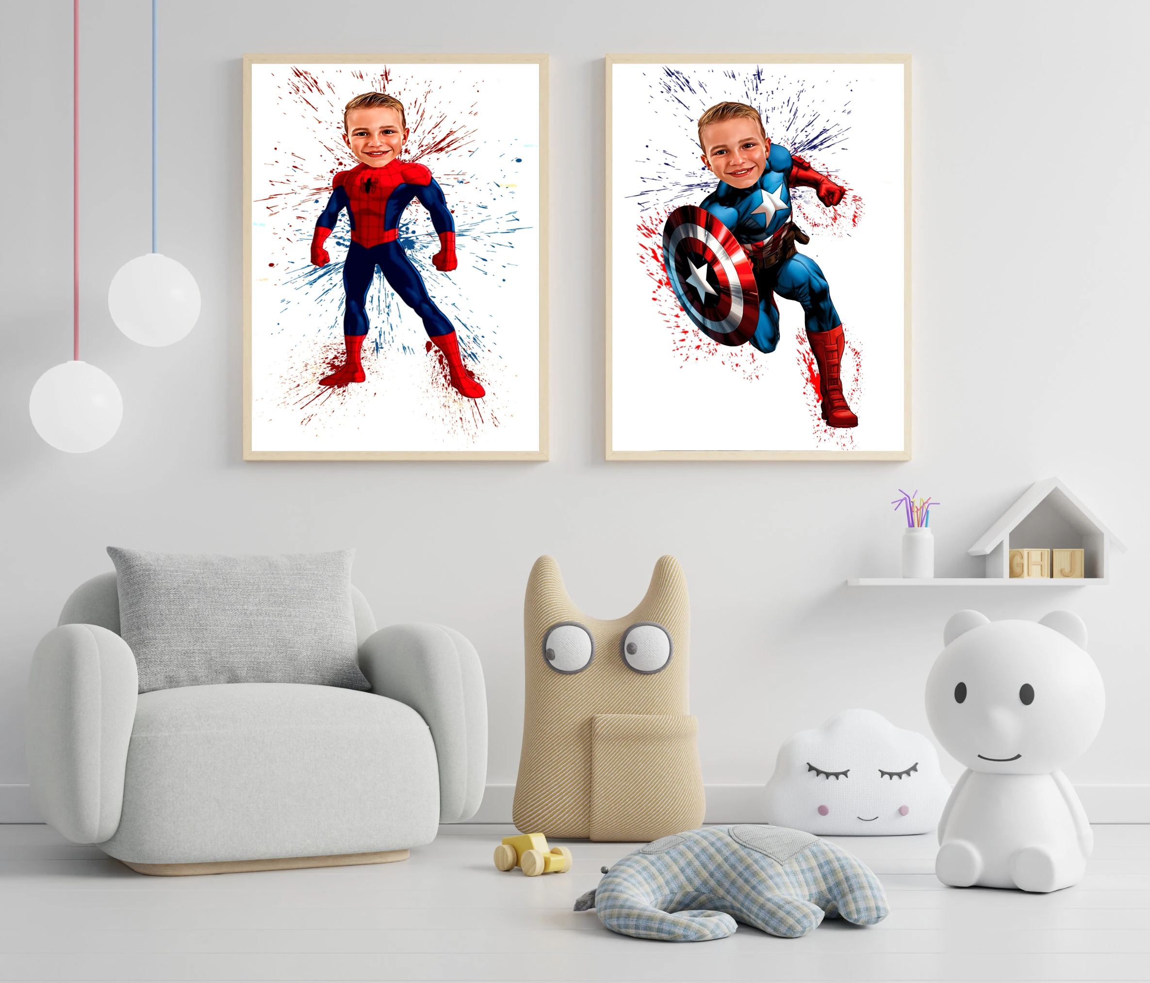 Custom Superhero Portrait Caricature Poster Personalized Superhero Cartoon Canvas Painting Spiderman Prints Gift for Kids