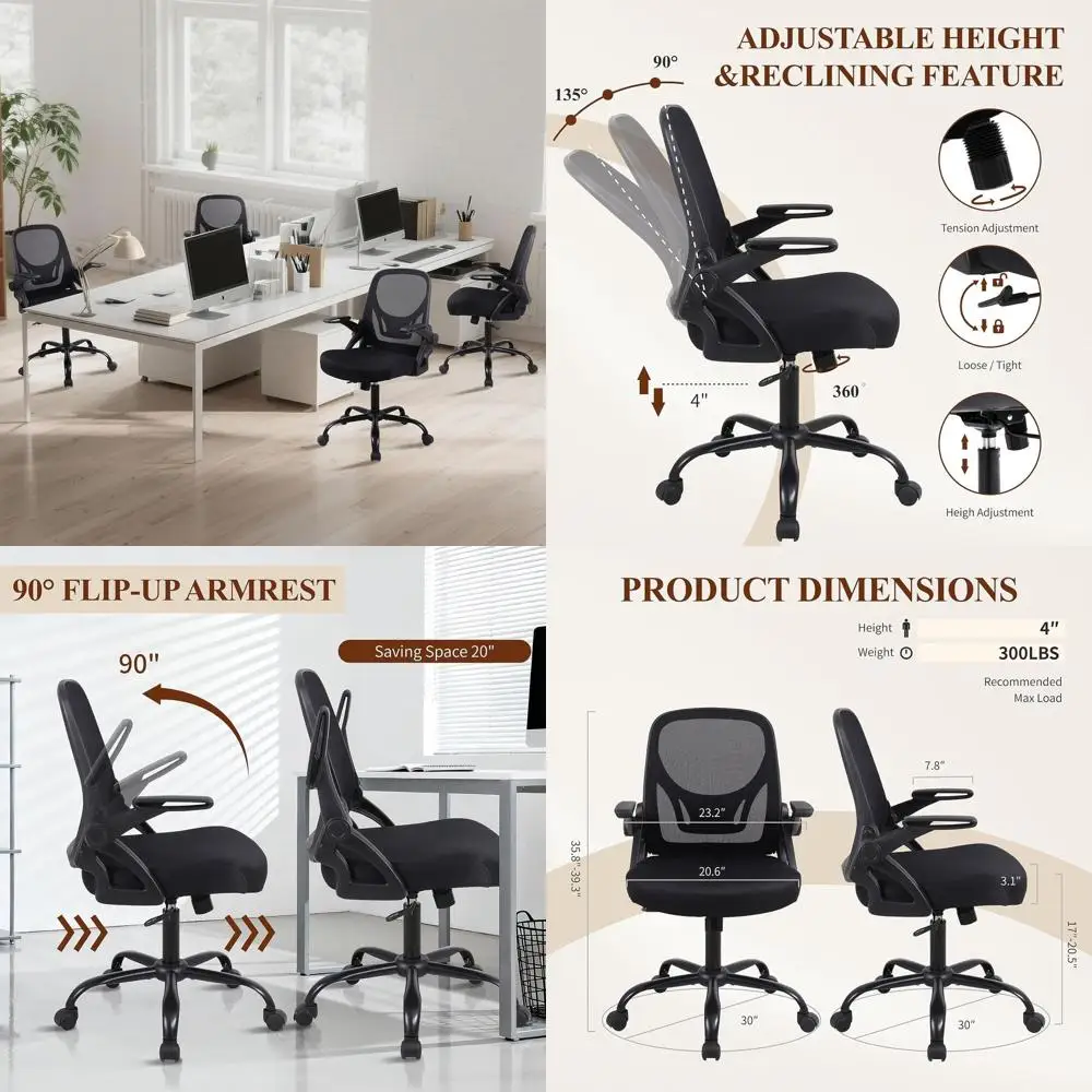 

Adjustable Height Ergonomic Mesh Office Chair with Wheels, Thick Cushion, Padded Armrests, 360 Swivel, Lumbar Support, Black, 10