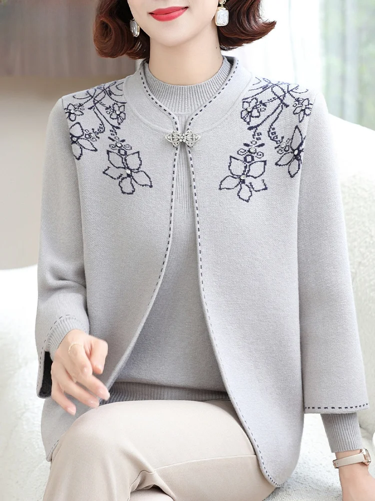 

Модный вязаный комплект для женщин: осенний базовый слой, кардиган, пальто для среднего возраста, высокое качество