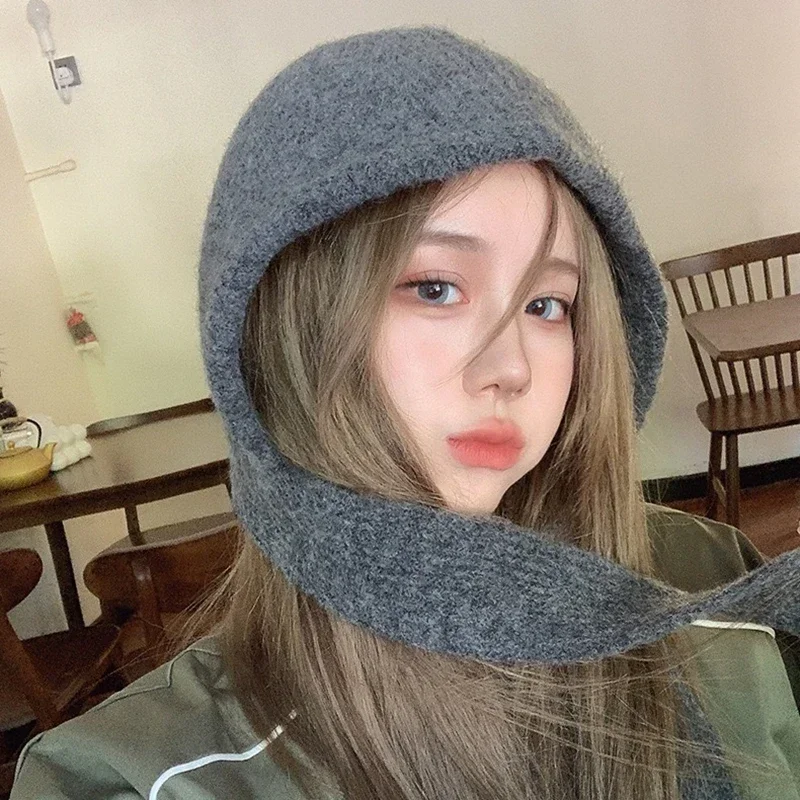 Korea Cute Women\'s Knitted Hood Scarf Little Red Hat Warm Ear Protection Cold Windproof Cap Winter Fashion Woolen Pullover Hat