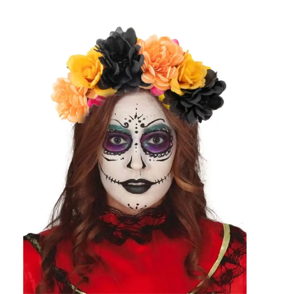 Day of The Dead Halloween Rose Flower Headband Wedding Black Veil Mexican Rose Flower Crown Headband Party Costume Cosplay