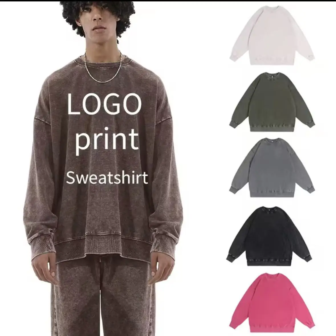 350 grams of high-quality vintage acid-washed faded round-neck drop-shoulder pullover sweatshirt, suitable for both men and wome
