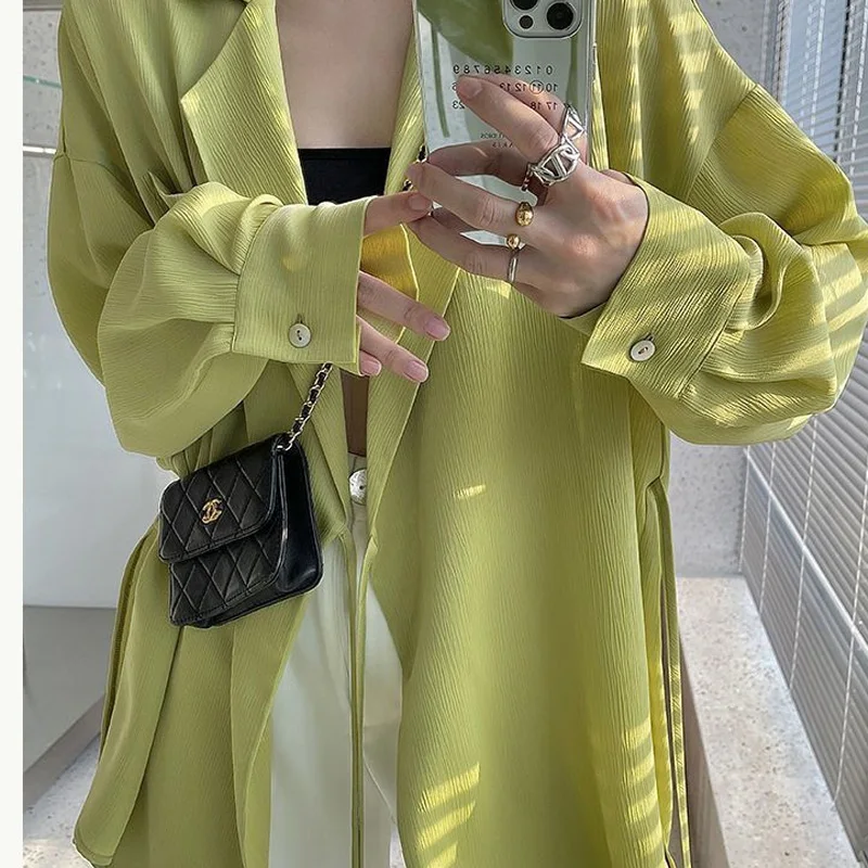 Summer New Solid Color Shirt Women POLO Collar Fashion Long Sleeve Lacing Cardigan Elegant Loose Thin Style Pockets Chic Tops