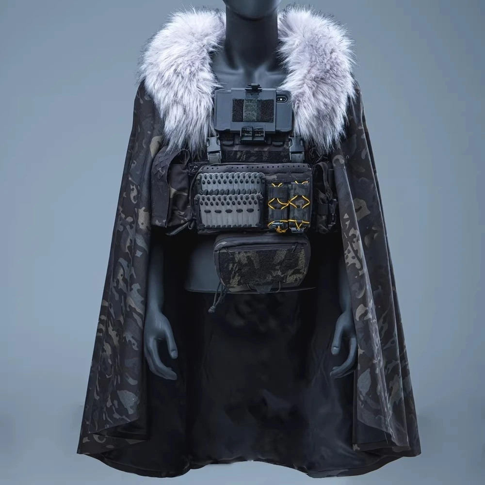 Tactical Vest with Cape Attachment. Snow and Wind-resistant Yumen Cape with Fur Collar and Detachable Hood.