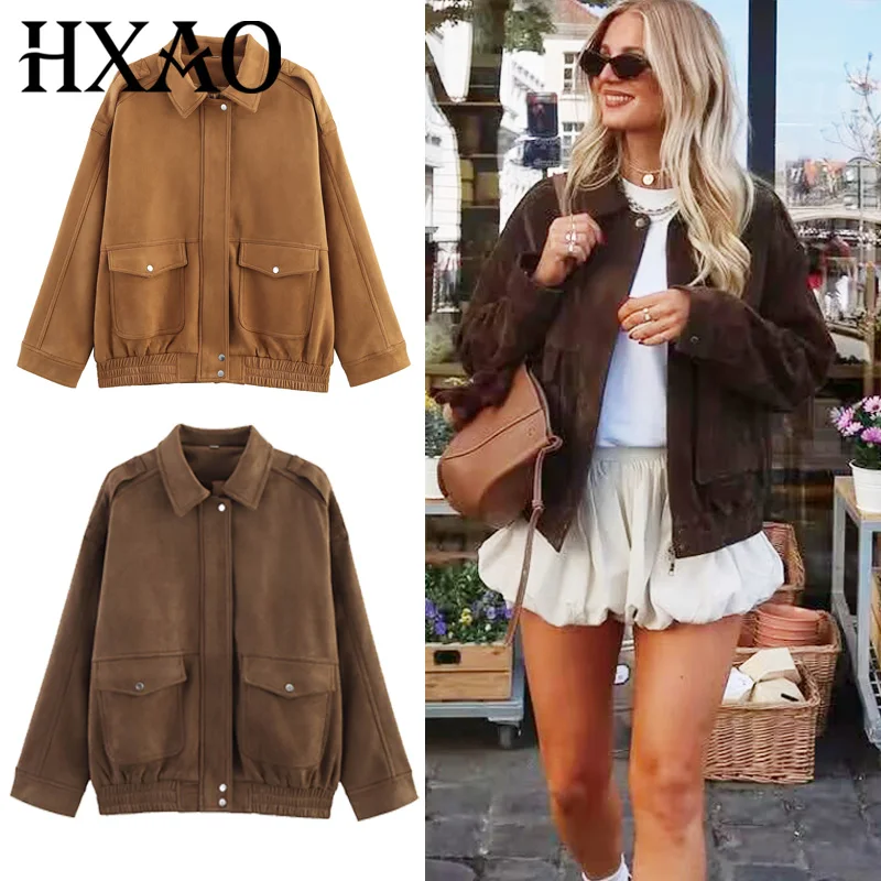 

HXAO Women's Bomber Jacket Autumn 2025 Suede Crop Outerwears Khaki Darkkhaki Coats New In Coats & Jackets Chic Long Sleeve Tops