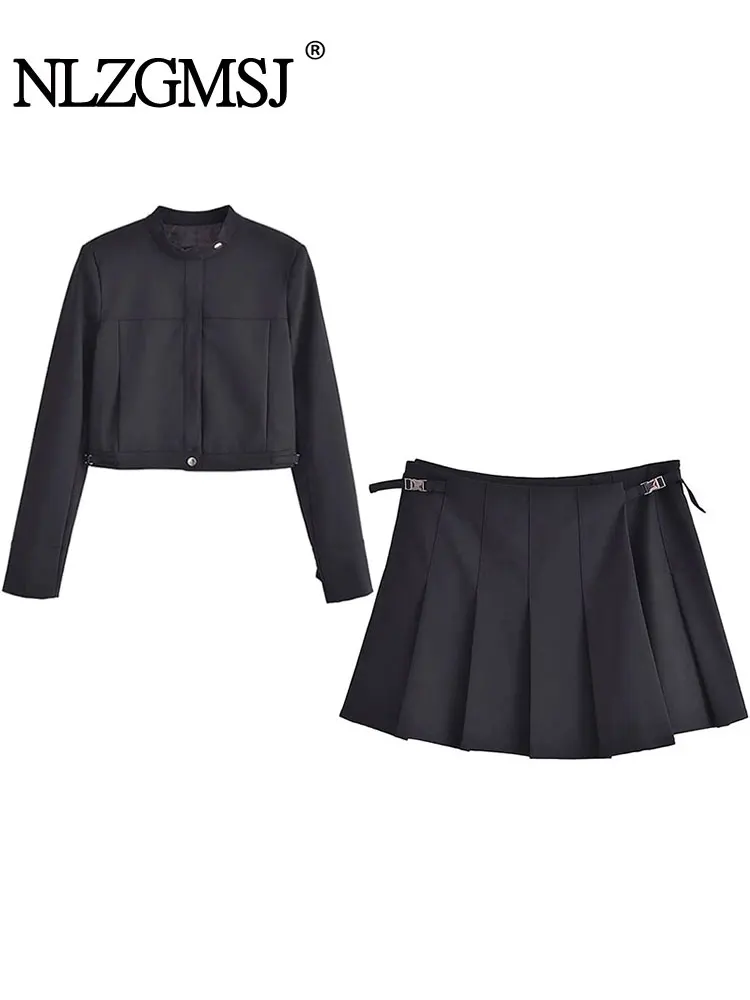 

Nlzgmsj TRAF 2023 Autumn Women Vintage Solid Long Sleeve Bomber Zipper Jacket+High waisted Mini pleated skirt Sets