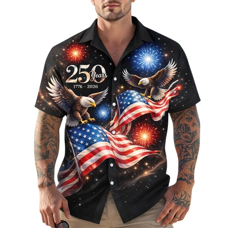 USA 250 Year Of Freedom Graphic Hawaiian Shirt For Men 3D Print Patriotic Eagle Short Sleeves Summer Blouses Lapel Aloha Shirts