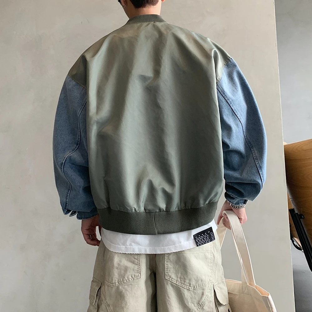 韓国スタイルアメリカンデニムパッチワークボンバージャケット男 - Vintage Urban Fashion のレビューと価格