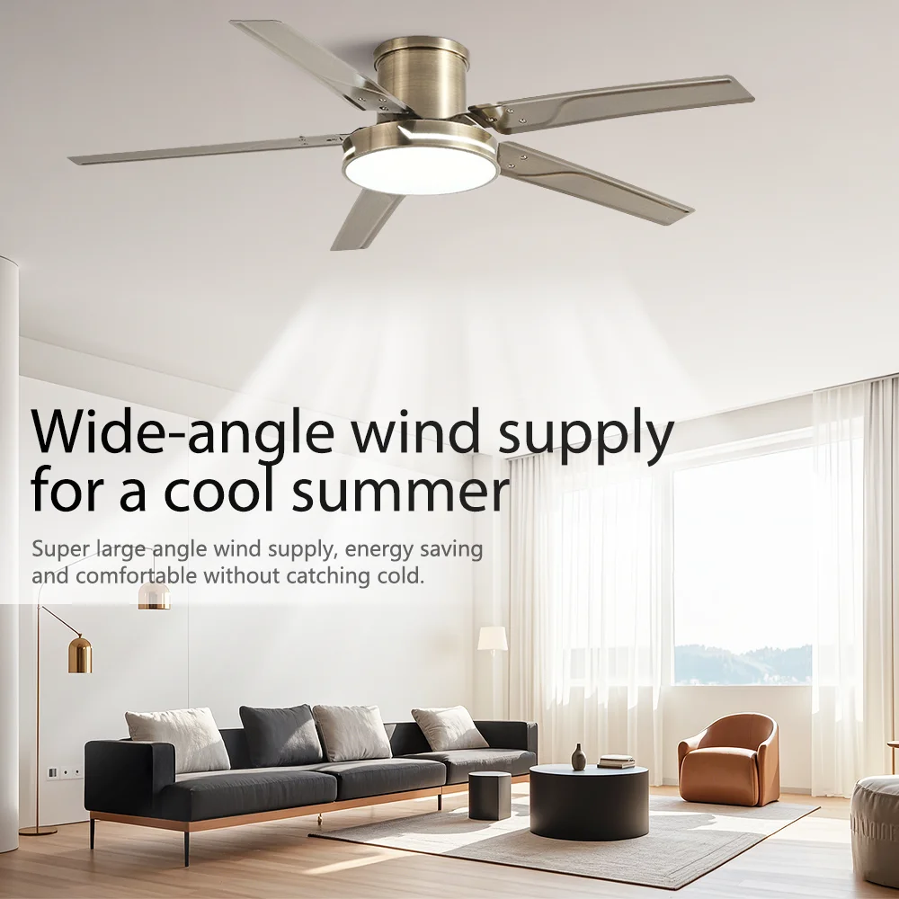 42/52 Zoll Deckenventilator mit niedrigem Boden, Motorventilator aus reinem Kupfer, Edelstahlflügeln und 48-W-LED-Licht, elektrischer Ventilator, Fernbedienung