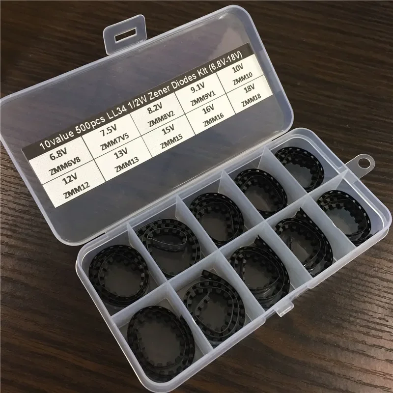 500pcs 10Values x50 LL34 1/2W SMD Zener Diode Assortment Electronic kit 6.8V-18V With storage Box