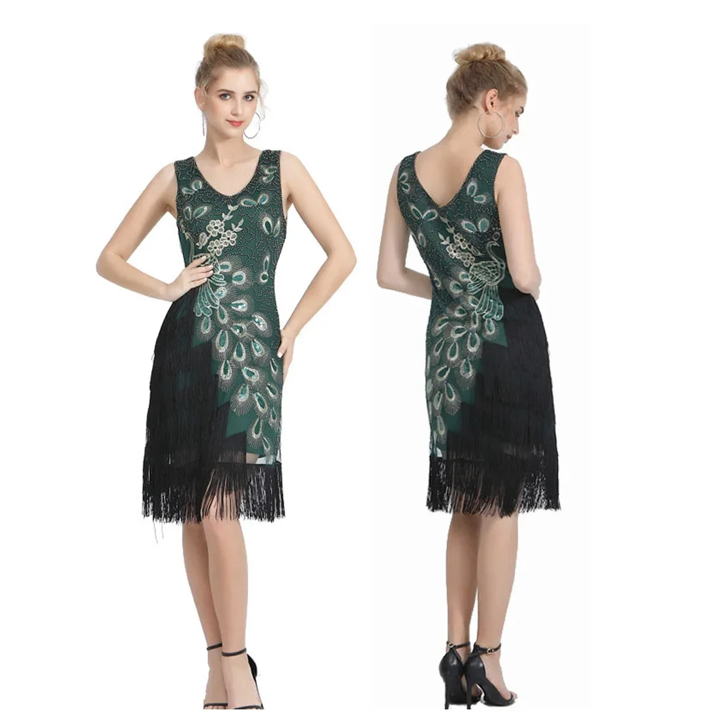 

1920s Vintage Great Gatsby Sequin Fringe Party Dance Dress Flapper V-Neck Sleeveless Peacock Pattern Embroidery Tassel Dress