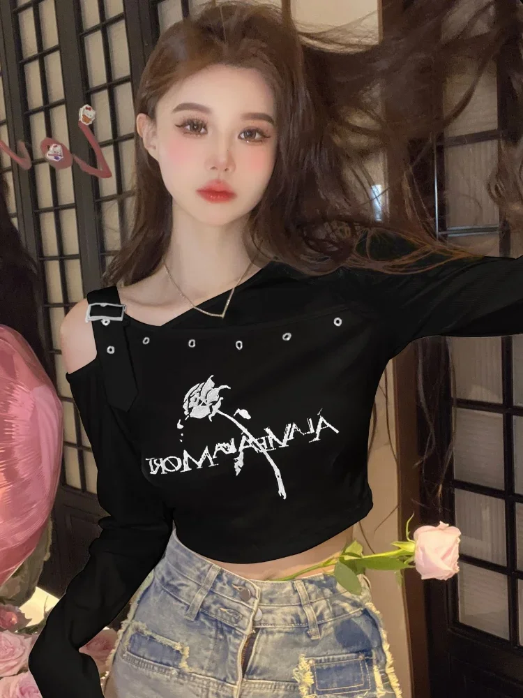 Irregular Off Shoulder Long Sleeve Fairy T-shirt Y2k Aesthetic High Waist Cropped Top Women Letter Rose Print Harajuku Slim Tees