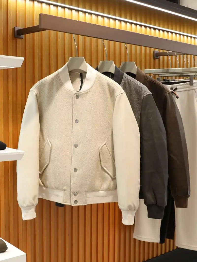 

Men's Spring Autumn New Sle Patchwork Leather Sve Baseball Collar Wool Pilot Jaet Cotton Outerwear Faionable Casual