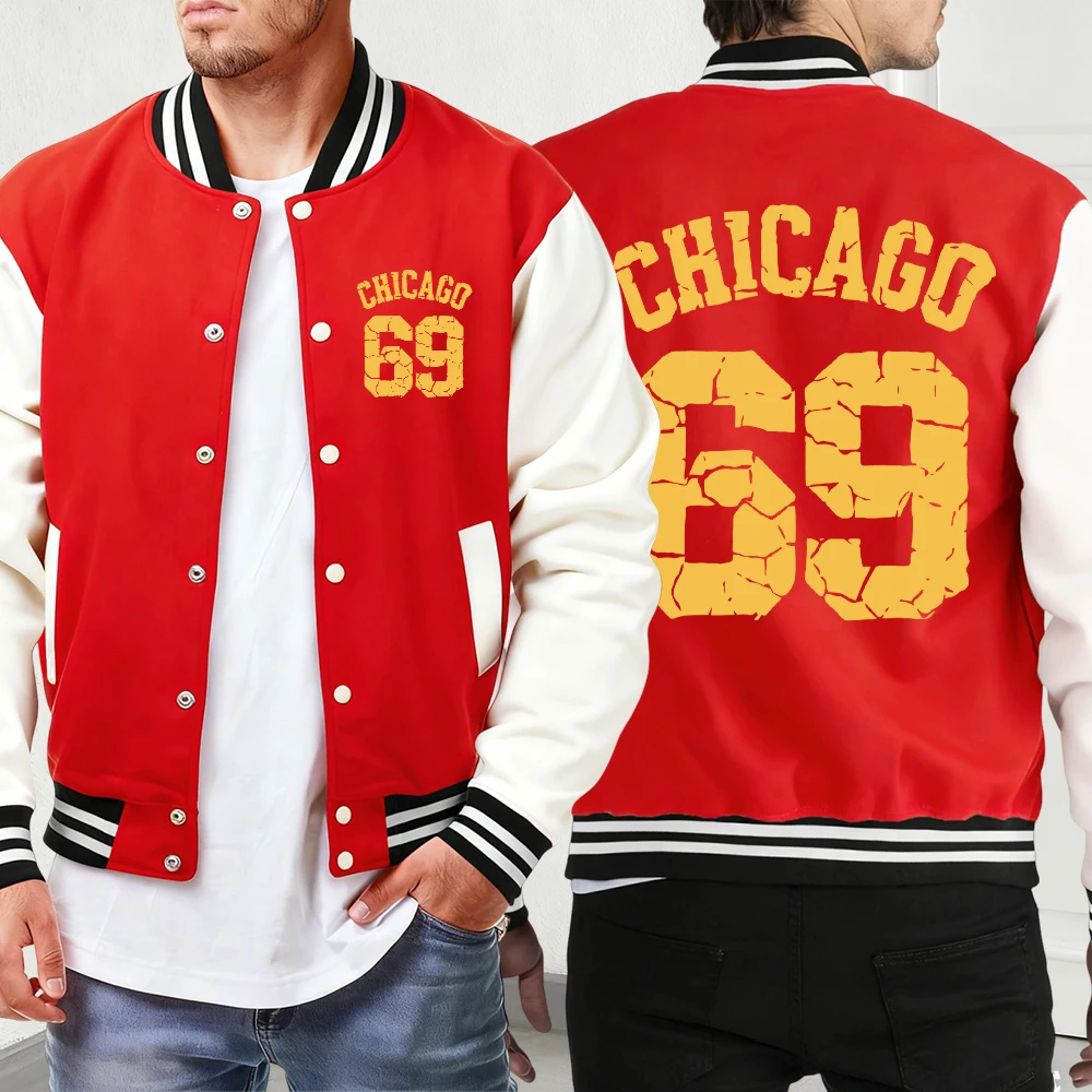 

Винтажные куртки Chicago Number 69, мужская классическая модная мужская одежда, удобное уличное пальто с карманами, свободный бейсбольный трикотаж