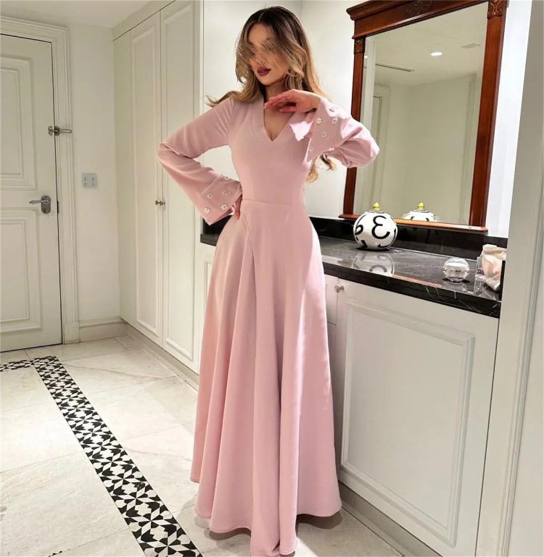 

Dubai V-neck Long Sleeve Evening Dresses With Crystals Elegant Vintage Ankle-Length Prom Dress Party & Vacation Wear Customized