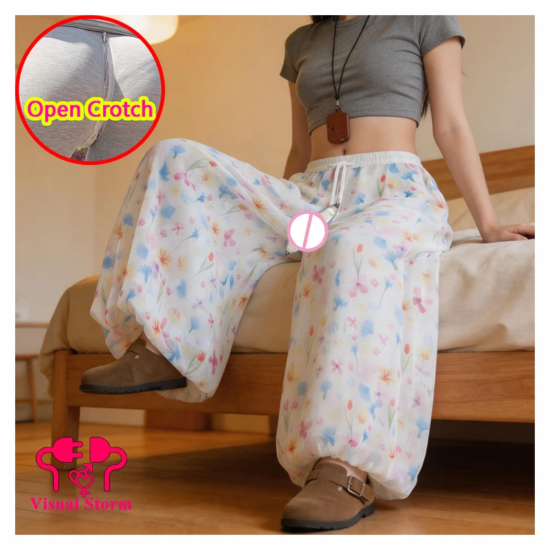 Women Floral Pattern Sexy Open Crotch Leggings Pants Hidden Zipper Ankle-Length Summer Trousers Crotchless Clubwear Panties