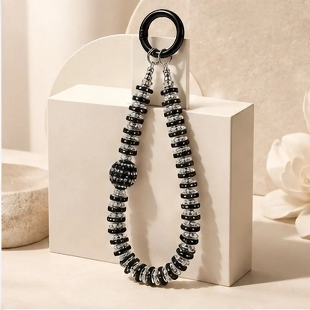 Rhinestone Beaded Phone Strap Wristlet for Women – Elegant Dazzling Charm with Ceramic Clay Beads