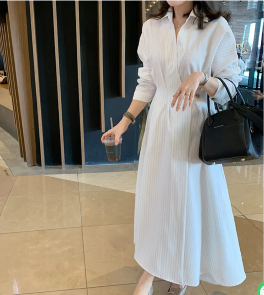 Elegant French Designer Spring White Striped Office Ladies Long Dress Women Lapel Collar One Button Shirt CasualVestidos Robe