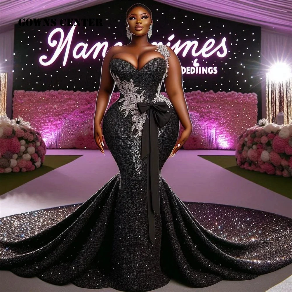 

Aso Ebi One Shoulder Black Evening Dress For Special Events Applique Bow Mermaid Luxury Dresses Woman 2025 African Customized