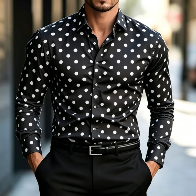 Men Black Polka Dot Print Long Sleeve Shirt Button Down Casual Dress Shirt Fashion Party Club Night Out Daily Wear Men Clothing