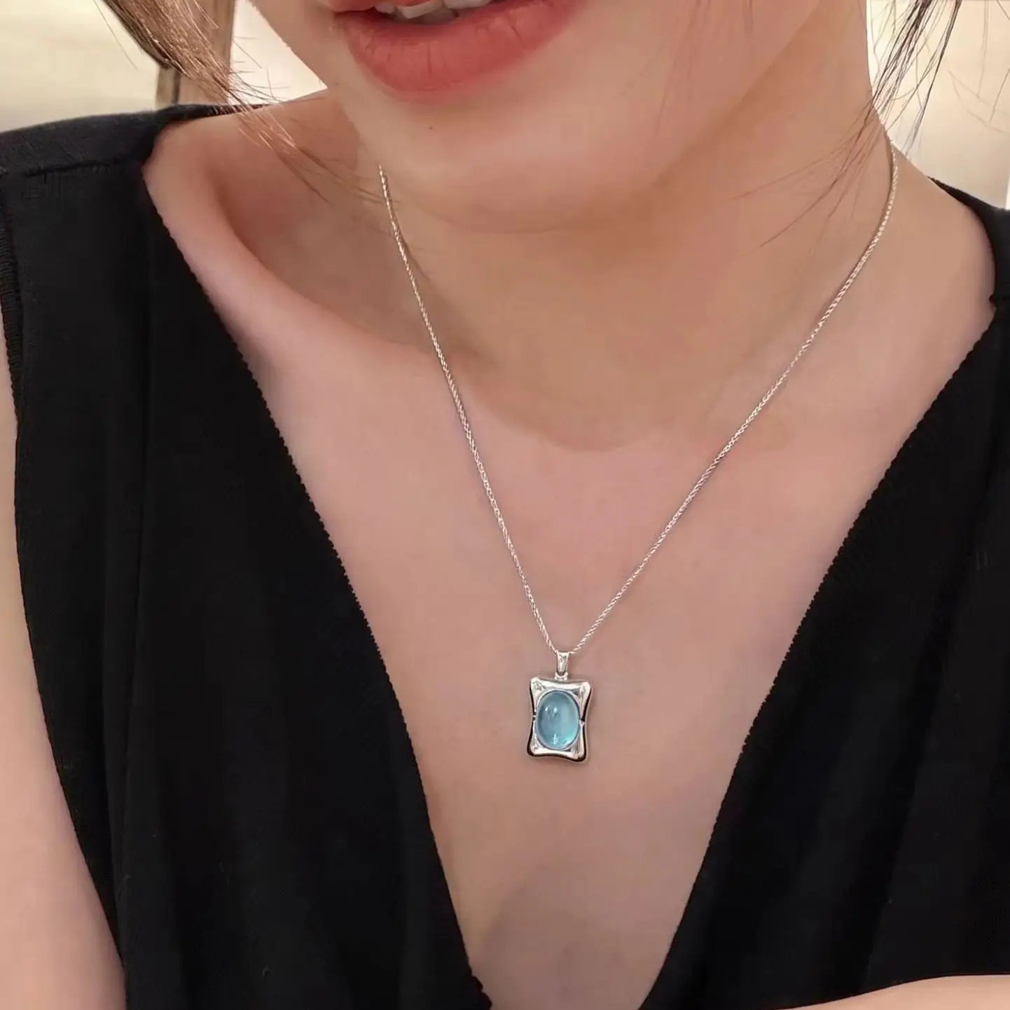 Sam Panda 925 Sterling Silver Egg Noodles Aquamarine Necklace For Women Translucent Vintage Jewelry Party Gift Dropshipping