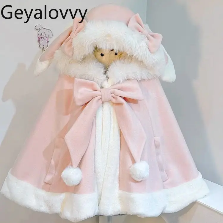 

Осень-зима Лолита милая девушка пушистый плащ пальто милые кроличьи уши с капюшоном на флисовой подкладке утолщенные теплые накидки пальто для женщин