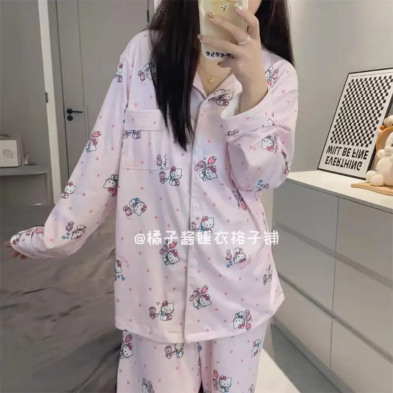 Set Piyama Sanrio Girl Microvilli Hello Kitty Kawaii Kartun Pelajar Kasual Musim Gugur Musim Dingin Leher Bulat Set Pakaian Santai Gaya Baru